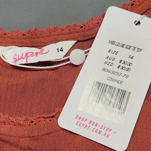 Supre Brown Cowhide Tank Preppy Australian Lace Open Tie Sides NEW $30 Womens 14 - Picture 3 of 9